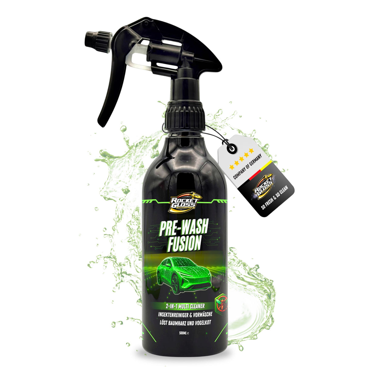 Rocket Gloss Pre Wash Vorreiniger wird auf ein verschmutztes Auto aufgesprüht, zur Vorwäsche und Insektenentfernung.