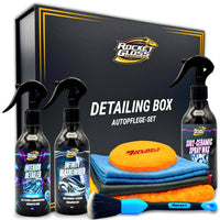 Autopflege Box für Einsteiger. Ideal als Geschenkset für Autofahrer mit hochwertigen Reinigungsprodukten in schwarzer Geschenk Box
